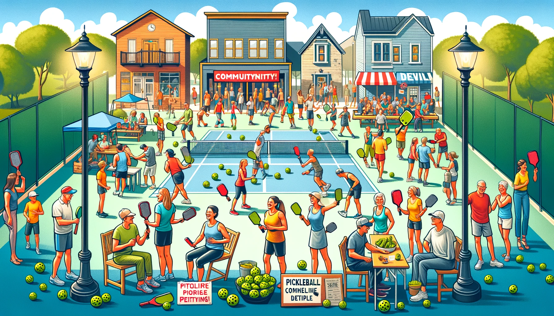 A lively and engaging illustration depicting a thriving local pickleball community. The image should show a mix of people of different ages and abilit