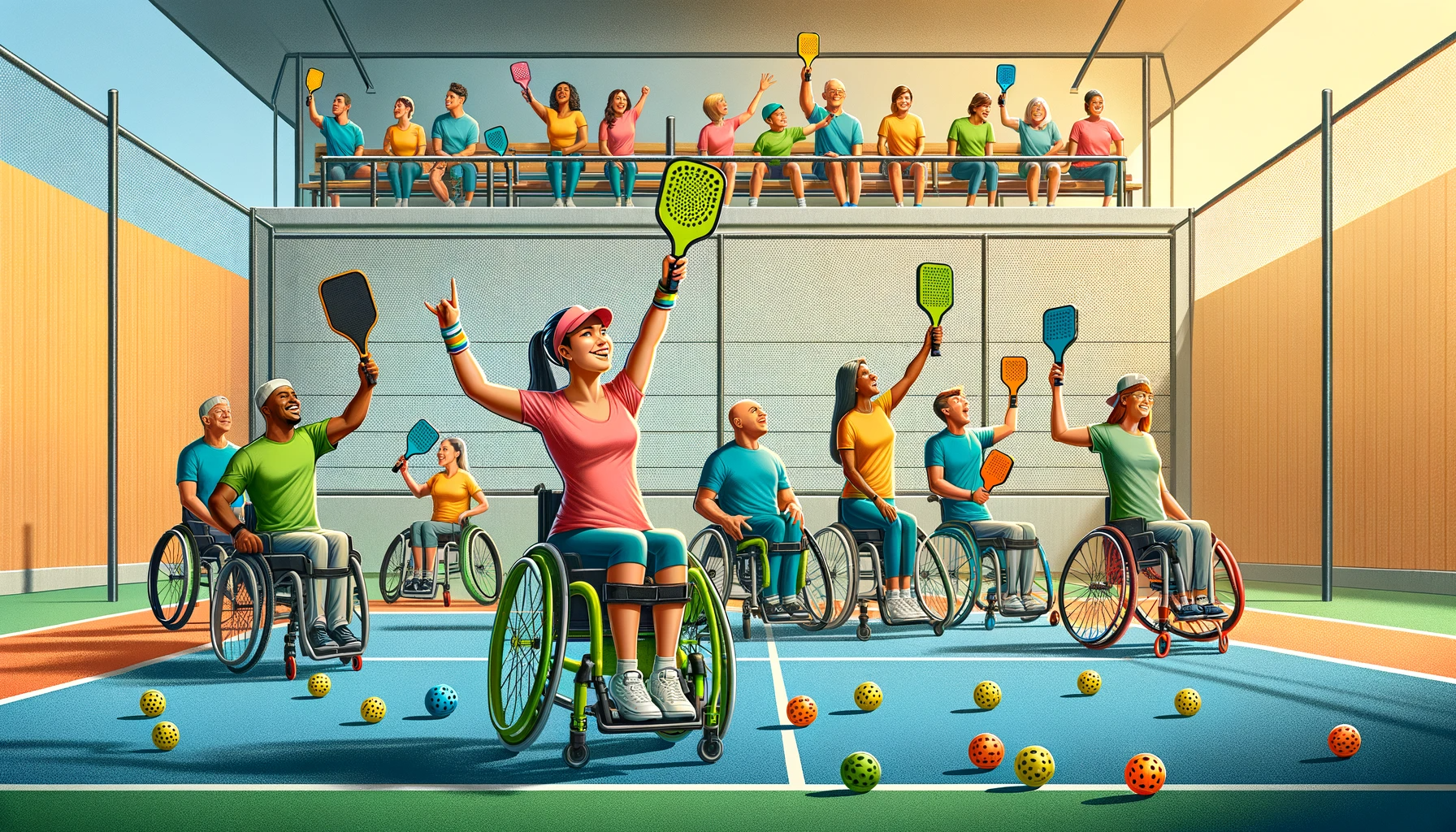 An inspirational and inclusive illustration showcasing adaptive pickleball equipment for players with disabilities. The image should feature a diverse