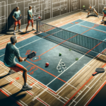 An action-packed pickleball court scene showcasing strategic player positioning during a game. The image highlights two players in a doubles match, on