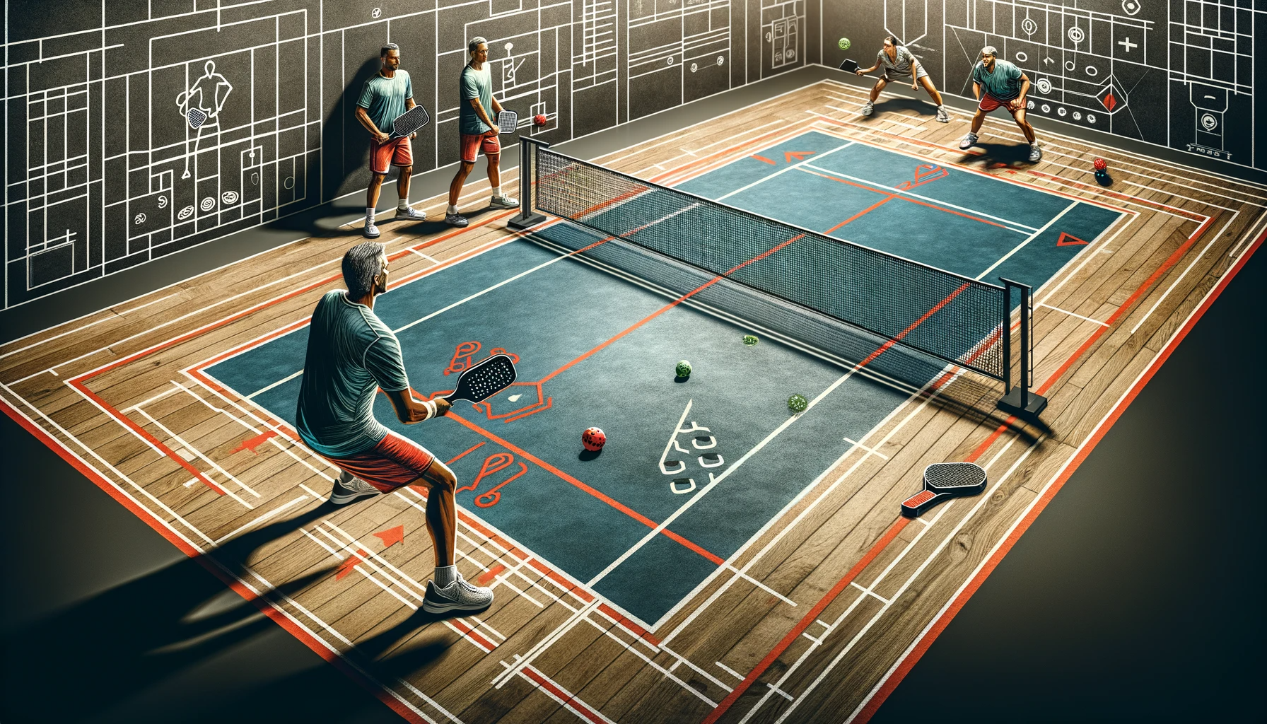 An action-packed pickleball court scene showcasing strategic player positioning during a game. The image highlights two players in a doubles match, on