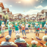 A vibrant and heartwarming image of retirees enjoying a game of pickleball in a retirement community setting. The image should depict a diverse group