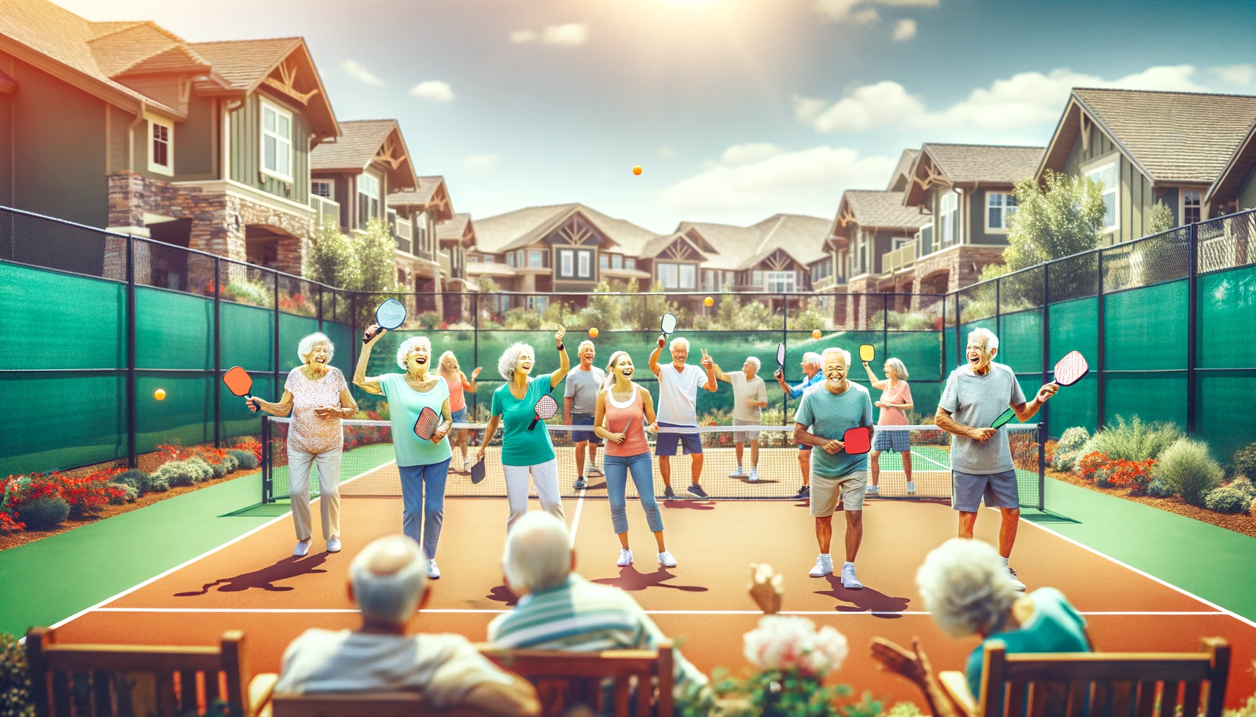 A vibrant and heartwarming image of retirees enjoying a game of pickleball in a retirement community setting. The image should depict a diverse group