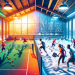 A dynamic and colorful image depicting two contrasting scenes of pickleball play in winter. On one side, an indoor pickleball court, brightly lit