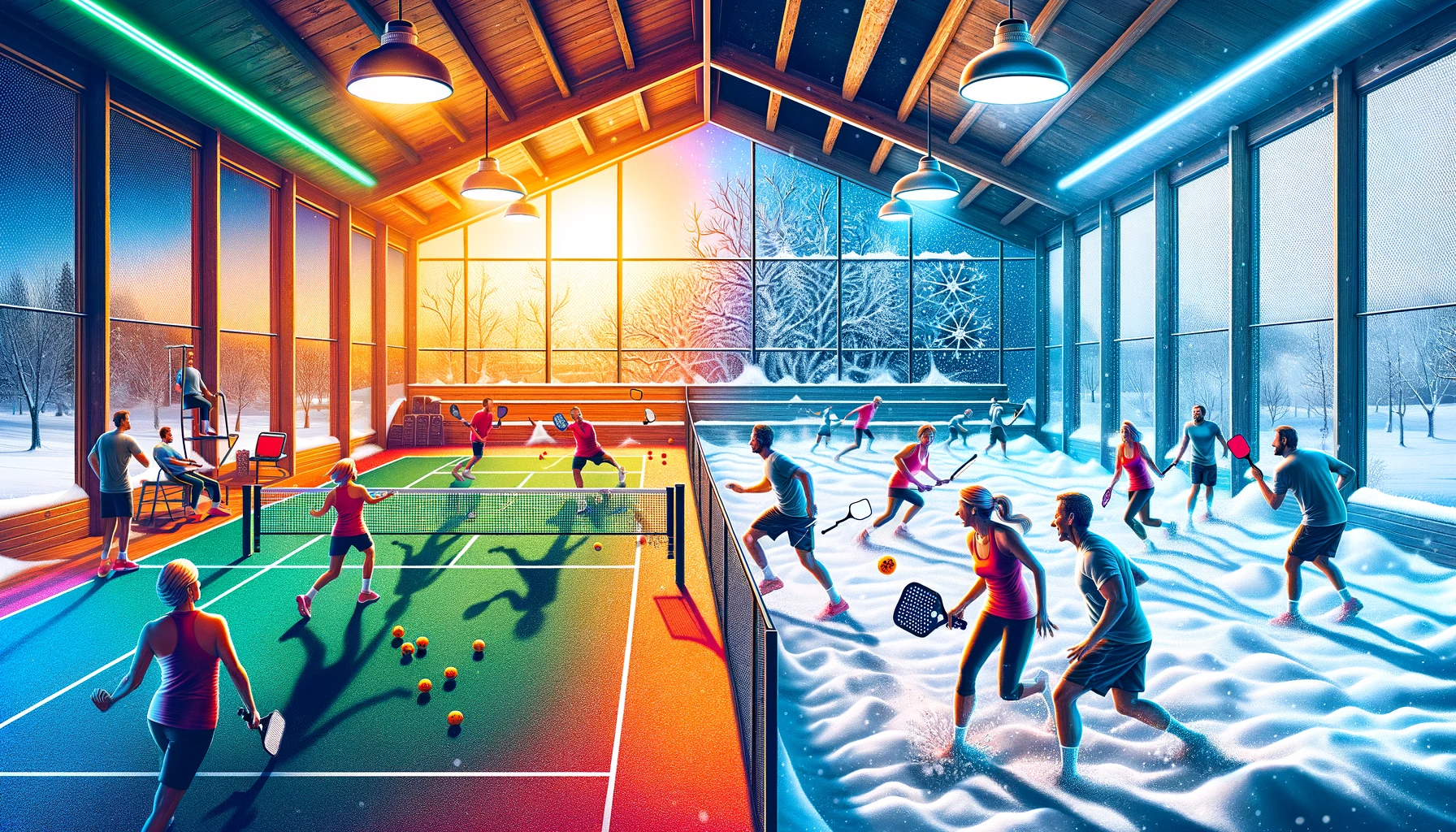 A dynamic and colorful image depicting two contrasting scenes of pickleball play in winter. On one side, an indoor pickleball court, brightly lit